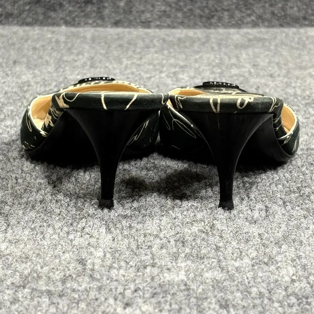 Vintage Chanel Shoes Womens 6 EU 36 Black Cruise Script Print Kitten Heel Mules